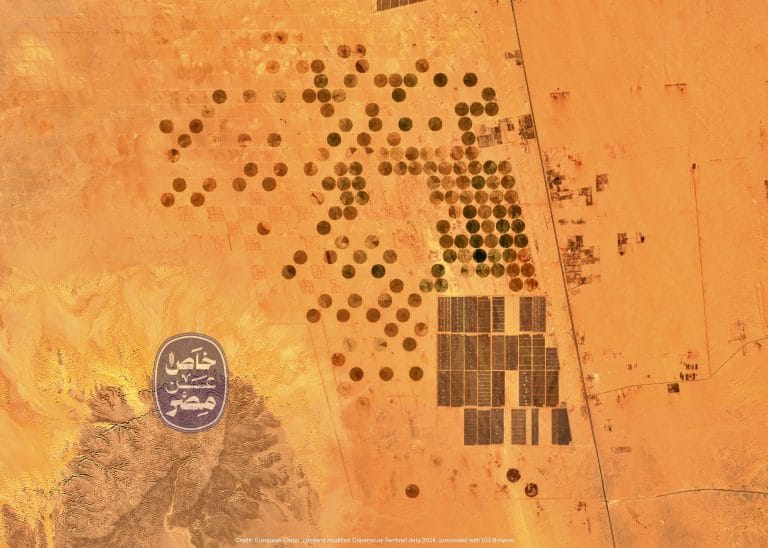 صورة بالأقمار الصناعية توضح حجم الأراضي الصحراوية التي تحولت إلى اللون الأخضر خلال الأسابيع القليلة الماضية ضمن مشروع سنابل سونو بأسوان - خاص عن مصر